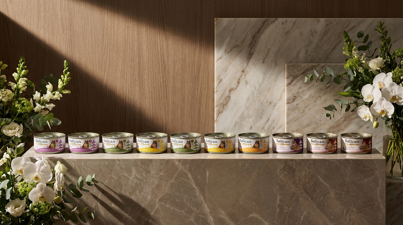 Salican 品牌旗艦形象照，展現高品質天然寵物罐頭與高端品牌故事精神。
