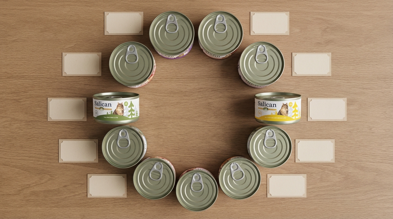 Salican 貓糧全系列產品分類導覽，提供主食罐、湯罐與乾糧等多樣化營養選擇。