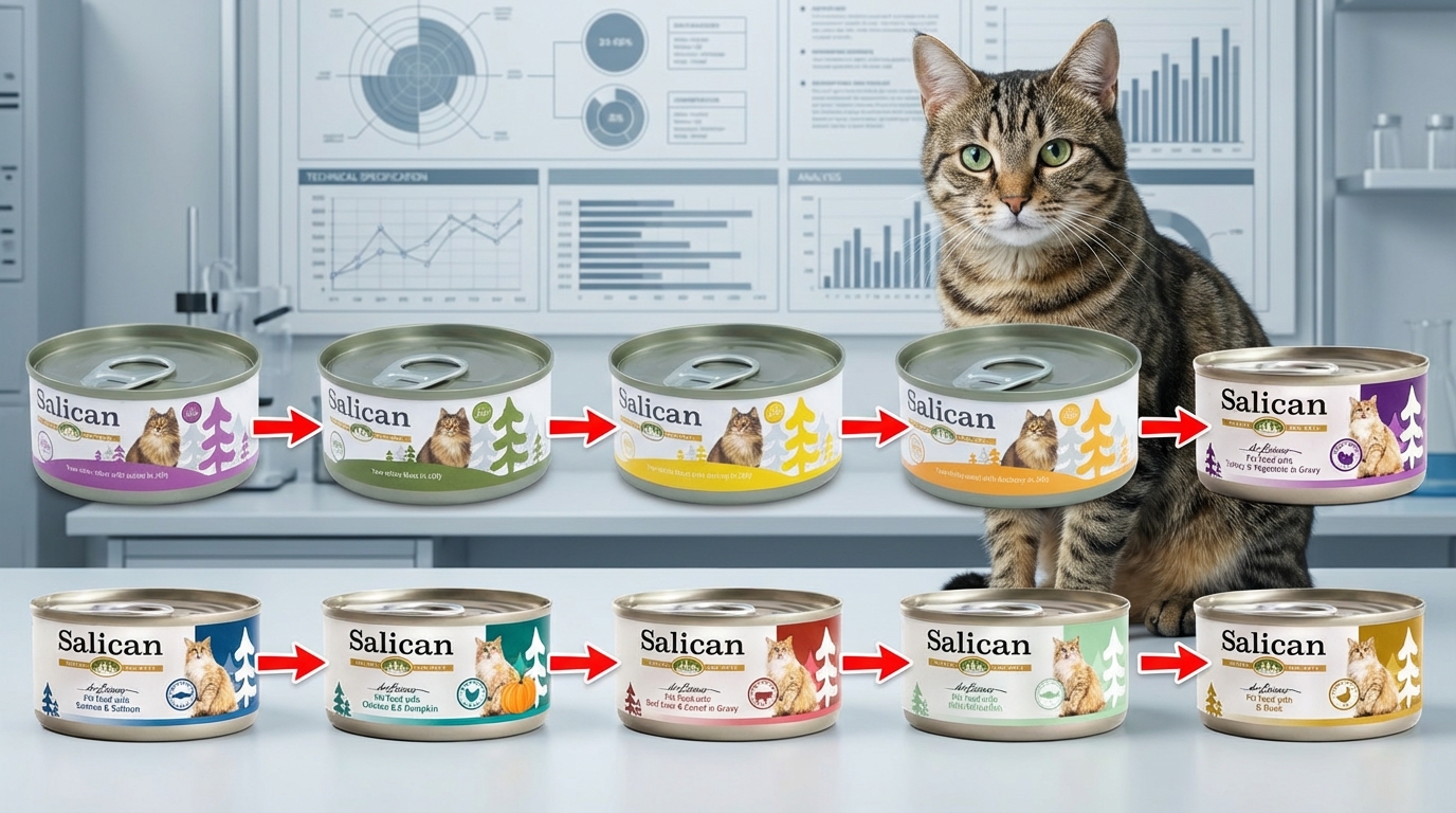 Salican 寵物罐頭選購攻略對比圖，幫助消費者快速挑選適合的產品。