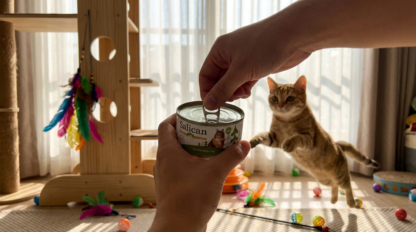 Salican 寵物食品使用方法示範，展示產品實際應用場景與餵食指引。