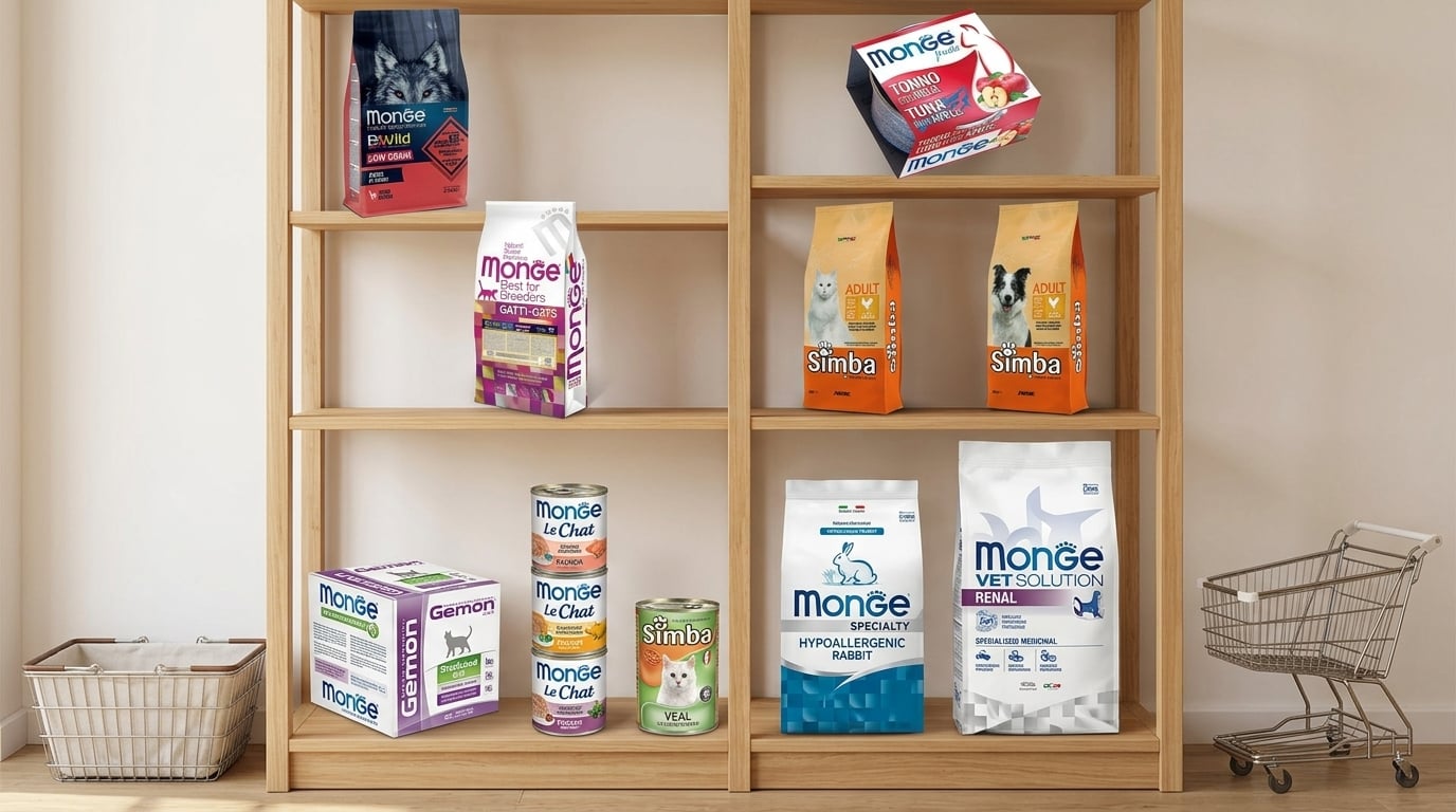 Monge 全系列寵物食品分類導覽，涵蓋貓狗乾糧、罐頭與零食等多元產品線。