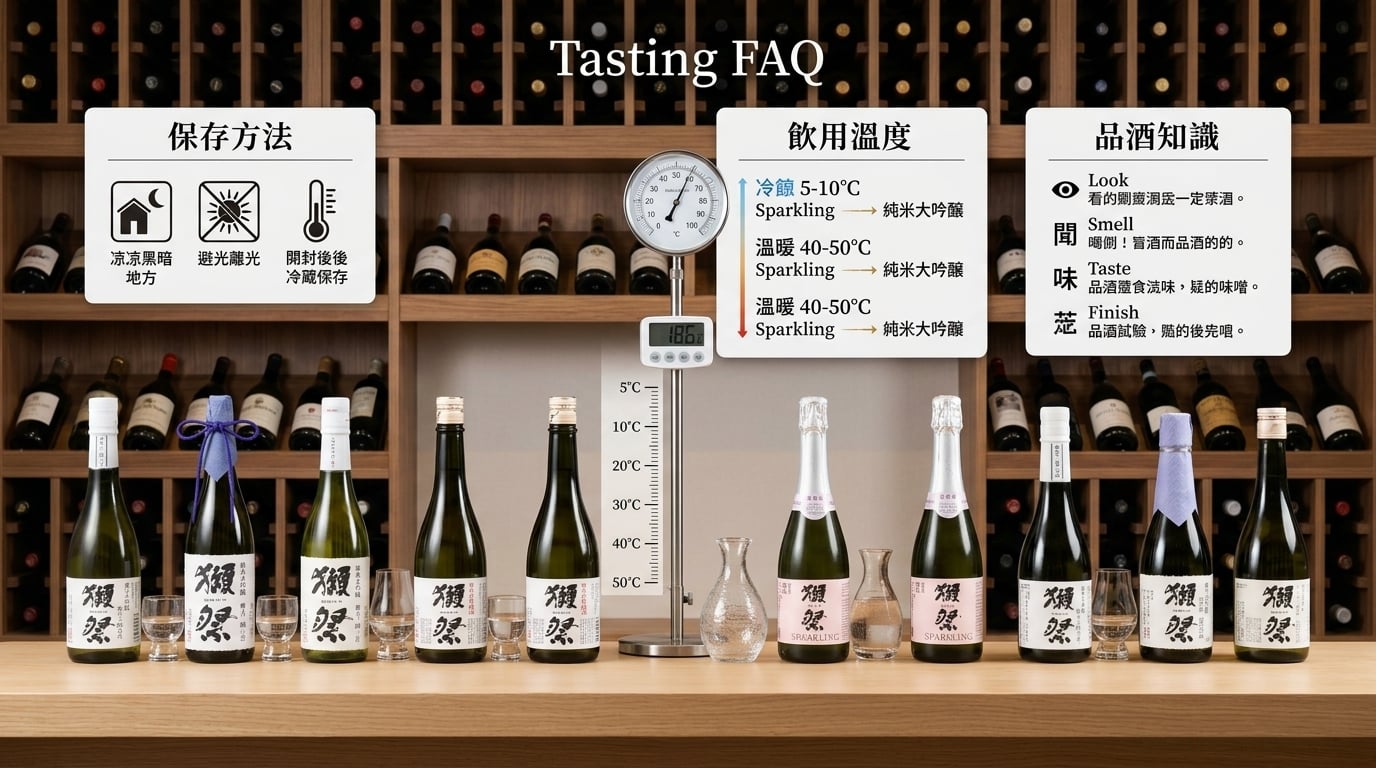 獺祭清酒常見問題指南,涵蓋存放方式、最佳飲用溫度與品酒知識。