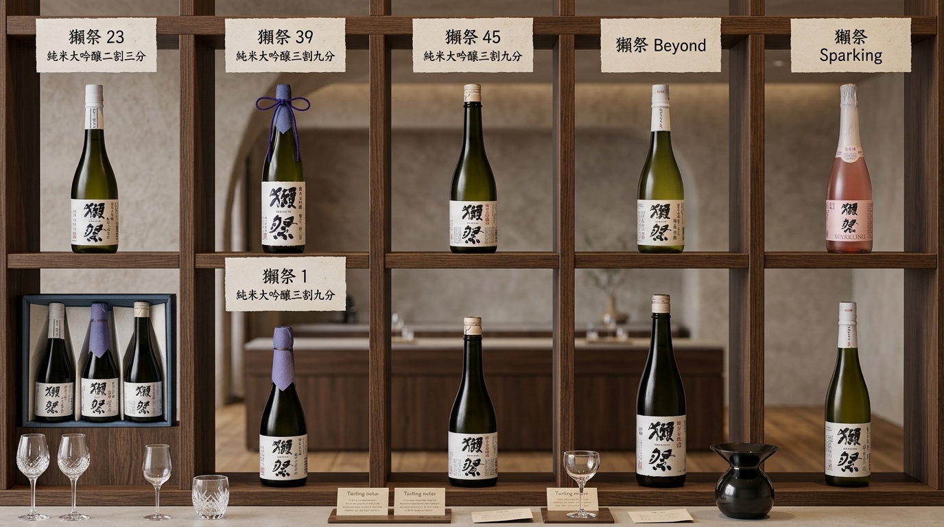 獺祭清酒系列產品選購指南,清晰展示各等級酒款分類與規格陳列。