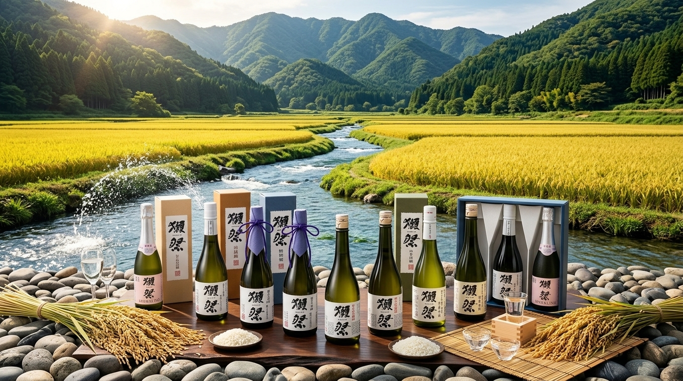 獺祭酒米產地與水源風土展示,呈現頂級清酒釀造環境。