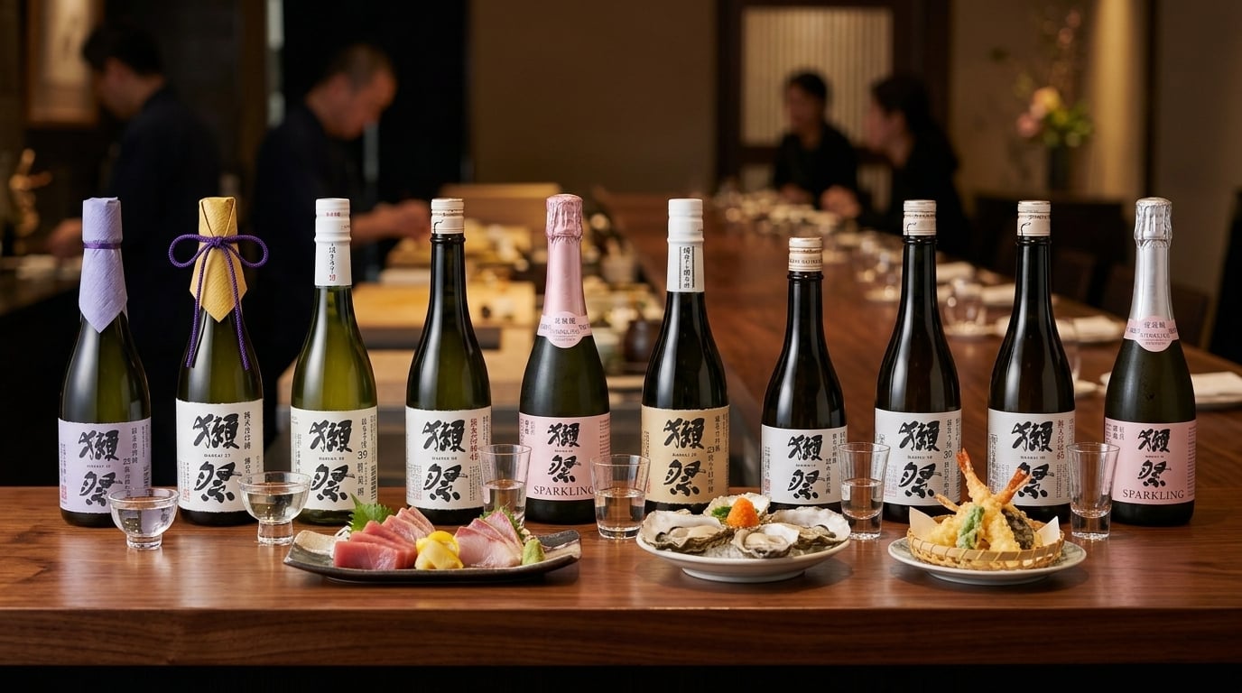 獺祭清酒餐酒搭配指南,展示日本酒品飲方式與精緻美食配餐建議。