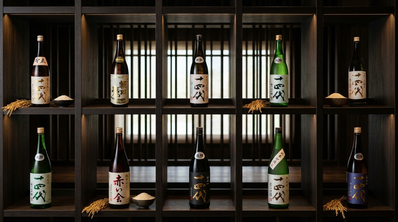 十四代清酒系列陳列圖，清晰展示不同酒款分類與系列選購指南。