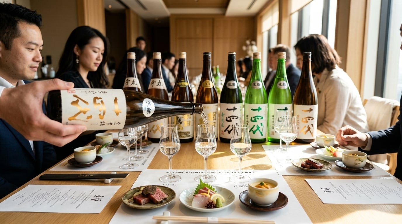 十四代清酒餐酒搭配指南，展示專業品飲方式與精緻佐餐建議。