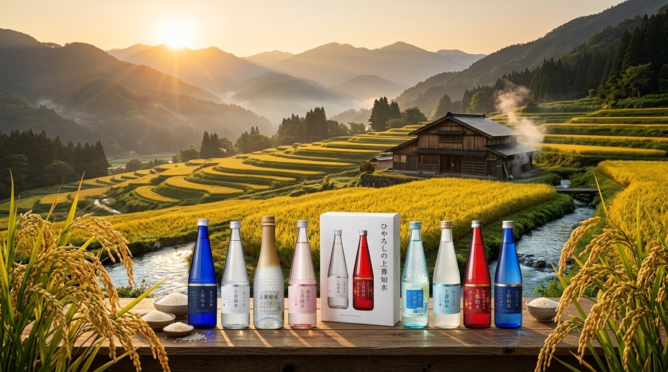 上善如水清酒產地風土展示，呈現釀造水源與酒米生長的自然環境。
