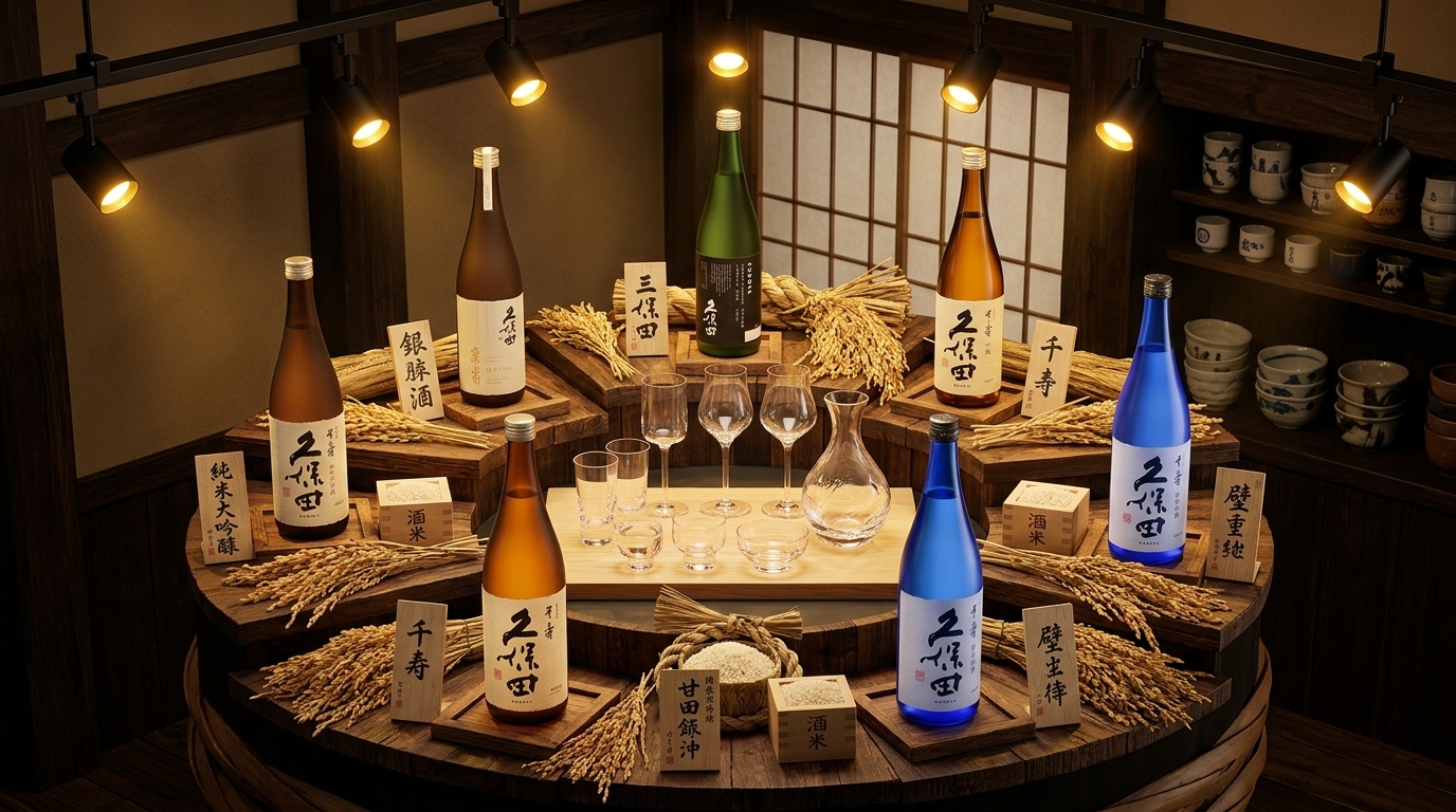 久保田日本清酒全系列產品陳列圖，清晰展示各等級酒款分類與選購指南。