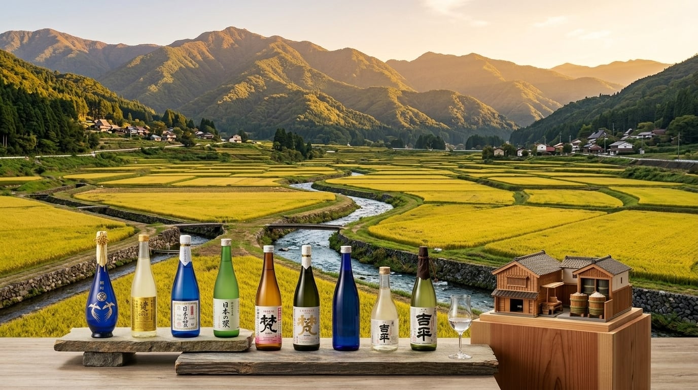 梵 日本清酒產地風土展示，呈現優質酒米與純淨水源的自然釀造環境。