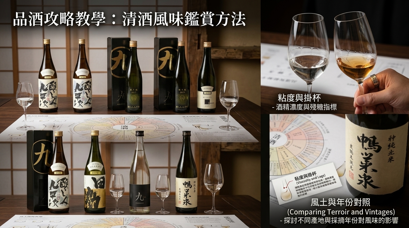 釀し人九平次清酒教學圖：專業品飲技巧與清酒風味鑑賞指南。