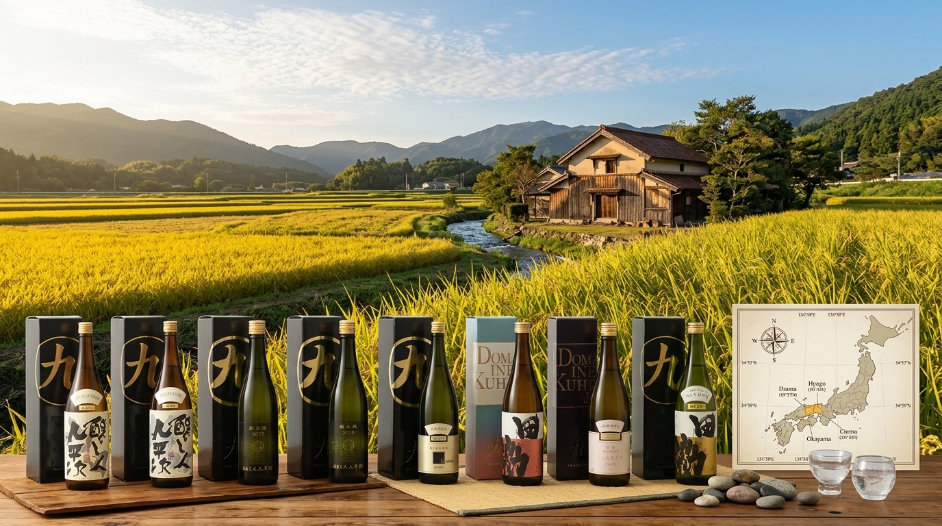 釀し人九平次清酒產地風土展示，呈現酒米來源、水源與釀造自然環境。