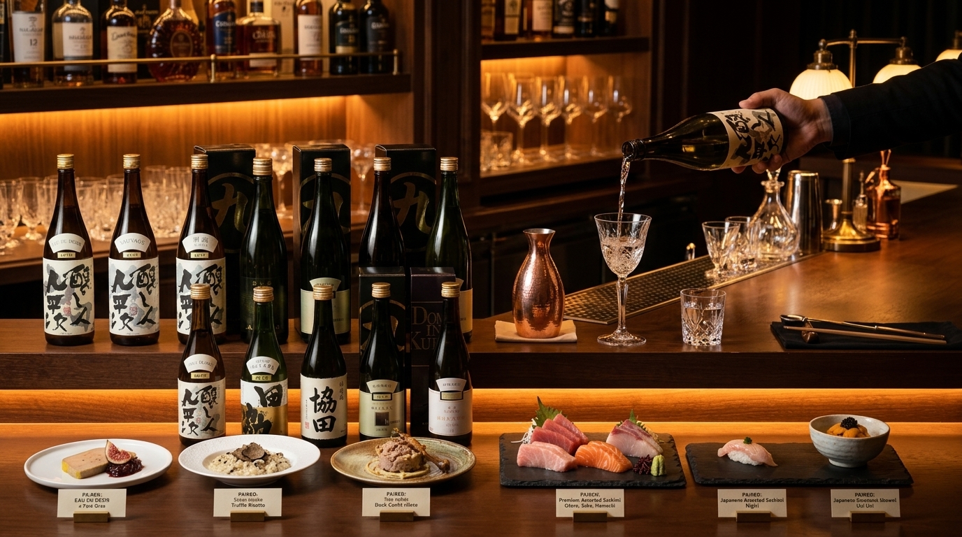 釀し人九平次清酒餐酒搭配指南，展示專業品飲建議與美食配餐方式。