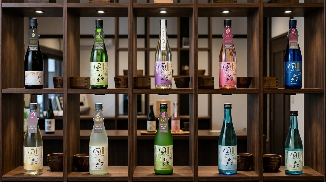 風之森日本酒全系列產品陳列，清晰展示各款分類與系列選購指南。