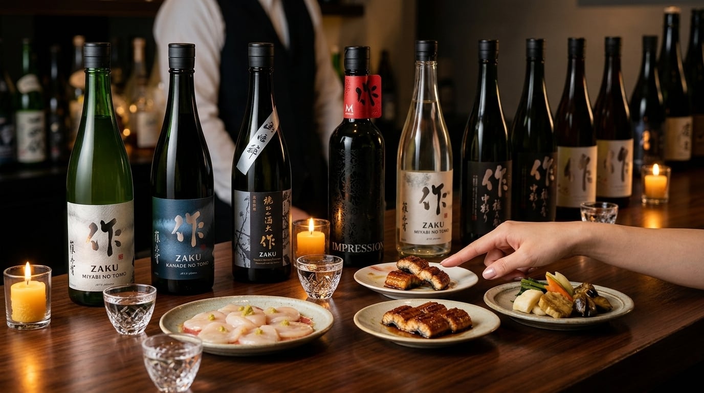 作 清酒餐酒搭配指南，展示專業品飲建議與美食配餐方式。