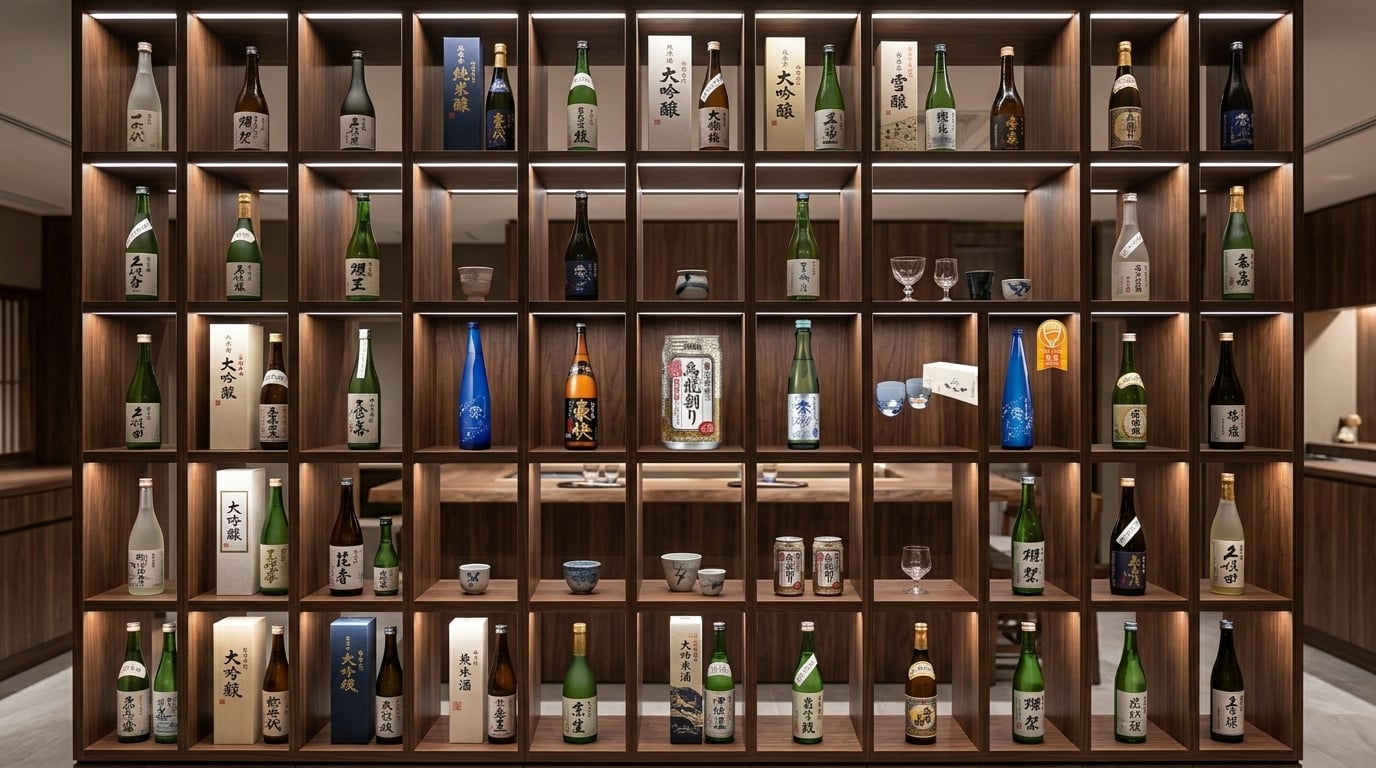 寶酒造全系列酒款陳列圖,清晰展示日本酒與燒酎分類及選購攻略。