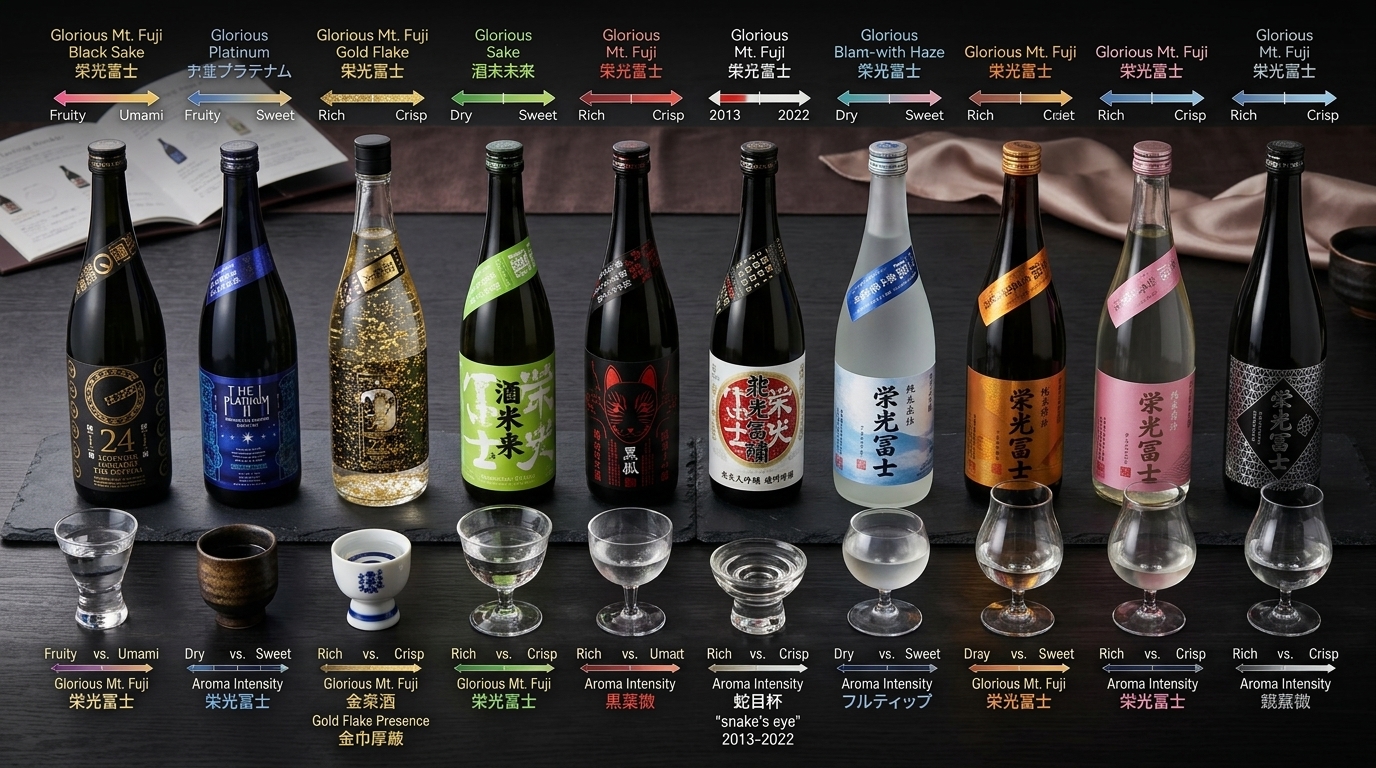 榮光富士清酒風味比較圖，幫助您快速掌握各酒款特色與口感差異。