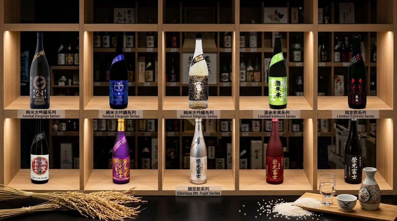 榮光富士清酒系列產品陳列圖，提供完整酒款分類與系列選購指南。