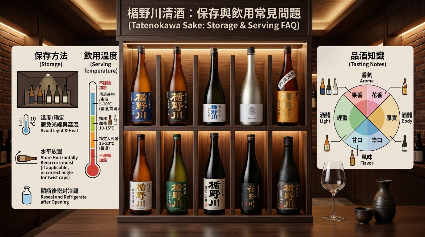 楯野川清酒品酒常見問題圖:保存方法、飲用溫度與專業知識指南