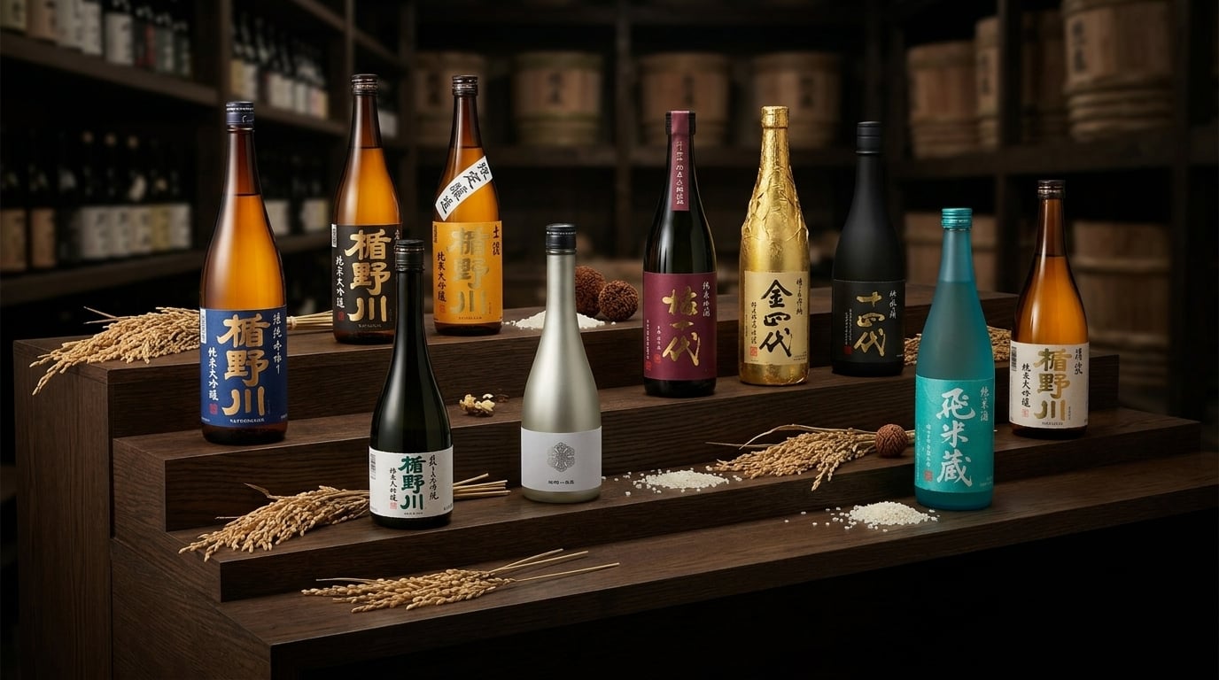 楯野川各系列清酒陳列圖,清晰展示品牌產品分類與選購攻略。