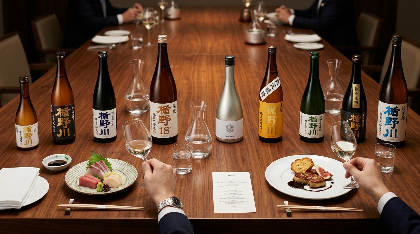 楯野川純米大吟釀餐酒搭配指南,展示清酒品飲與美食配餐方式。