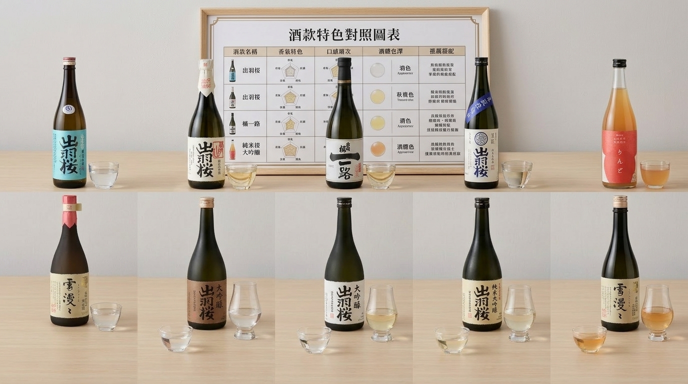 出羽櫻清酒系列品鑑比較圖,展示不同酒款風味對照與特色差異選購攻略。