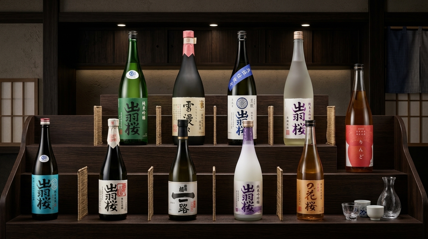 出羽櫻清酒系列總覽圖,清晰展示各款清酒分類與產品選購攻略。