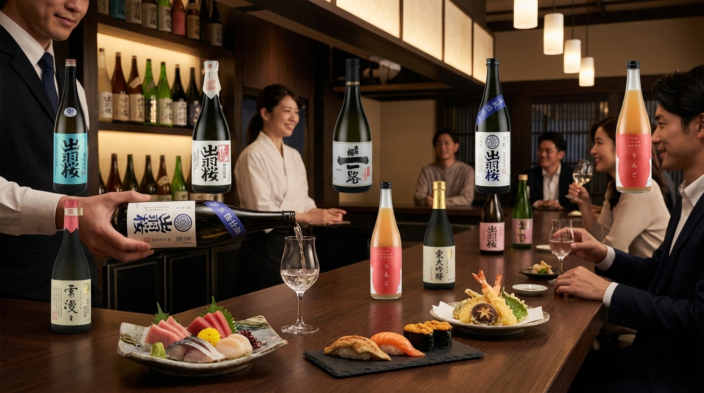 出羽櫻清酒餐酒搭配指南,展示專業品飲建議與美食配餐方式。