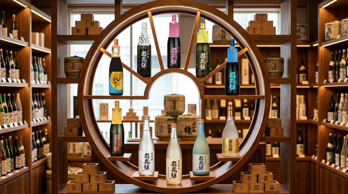 奧飛驒日本清酒系列陳列圖,清晰展示不同酒款分類與產品選購指南。