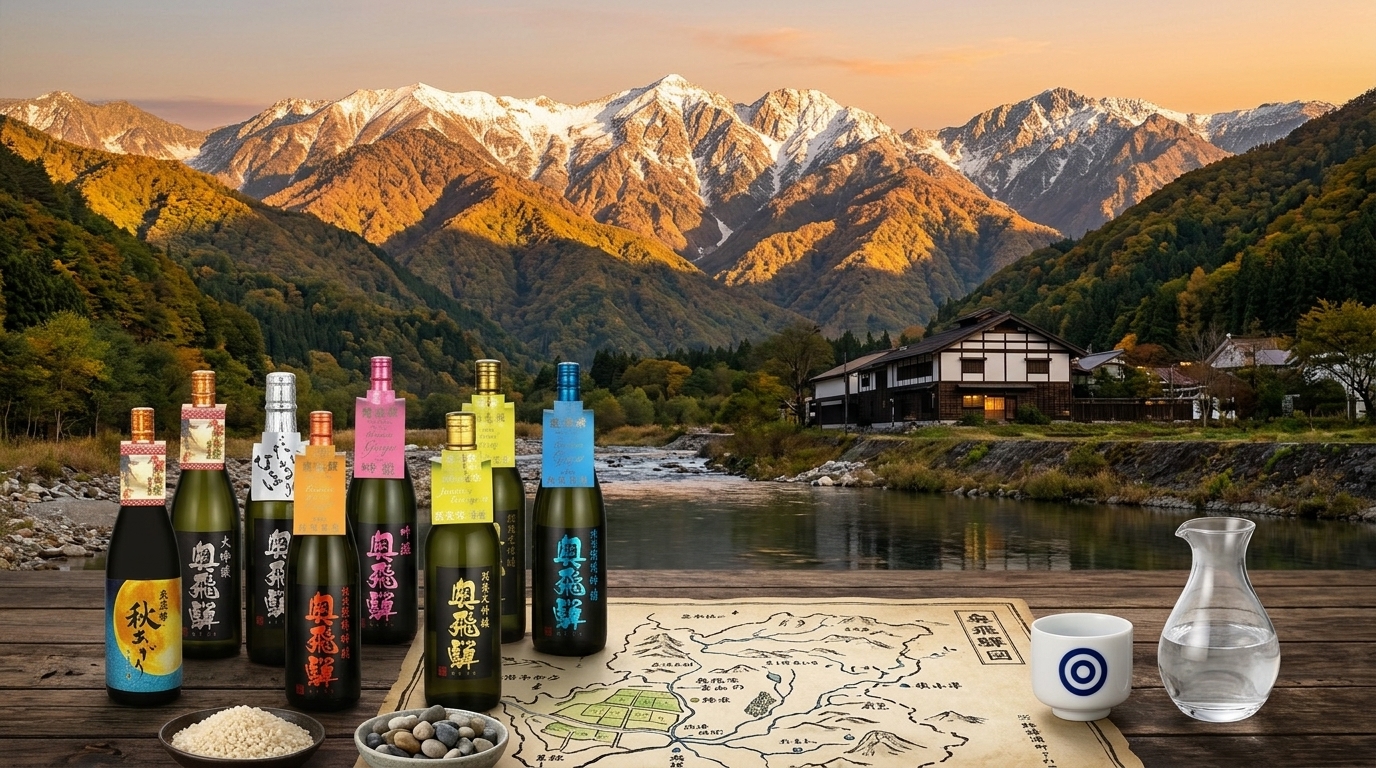 奧飛驒清酒產地風土展示,呈現優質酒米與清澈水源的釀造環境。