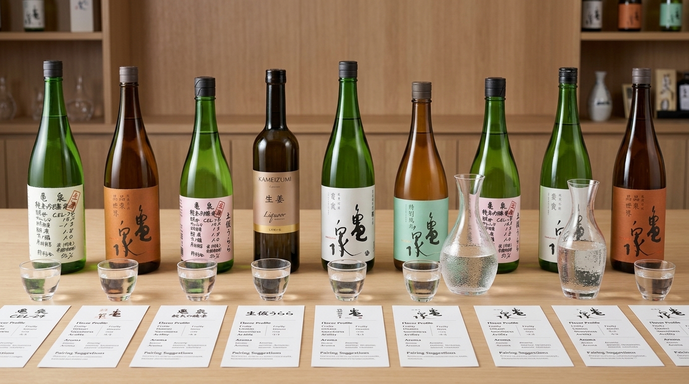 龜泉清酒品鑑對照圖，展示不同酒款風味特色與口感差異之選購攻略。