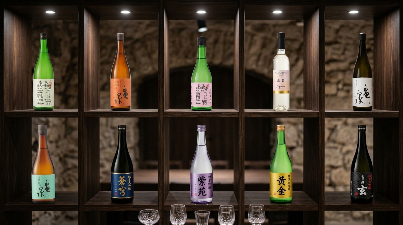 龜泉日本酒系列分類陳列圖，協助您快速了解不同酒款特色與選購攻略。