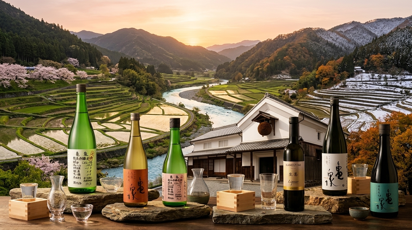 龜泉清酒產地風土展示，呈現釀造環境、優質酒米產地與純淨水源。