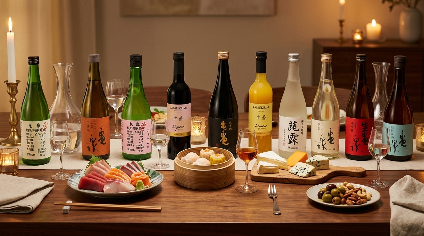 龜泉清酒餐酒搭配指南，展示專業品飲方式與精緻配餐建議。