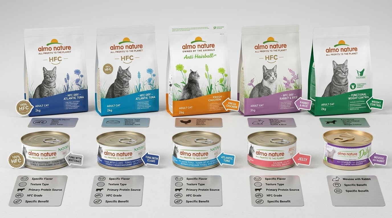 Almo Nature 寵物食品選購指南，透過產品比較對照圖協助飼主快速挑選。