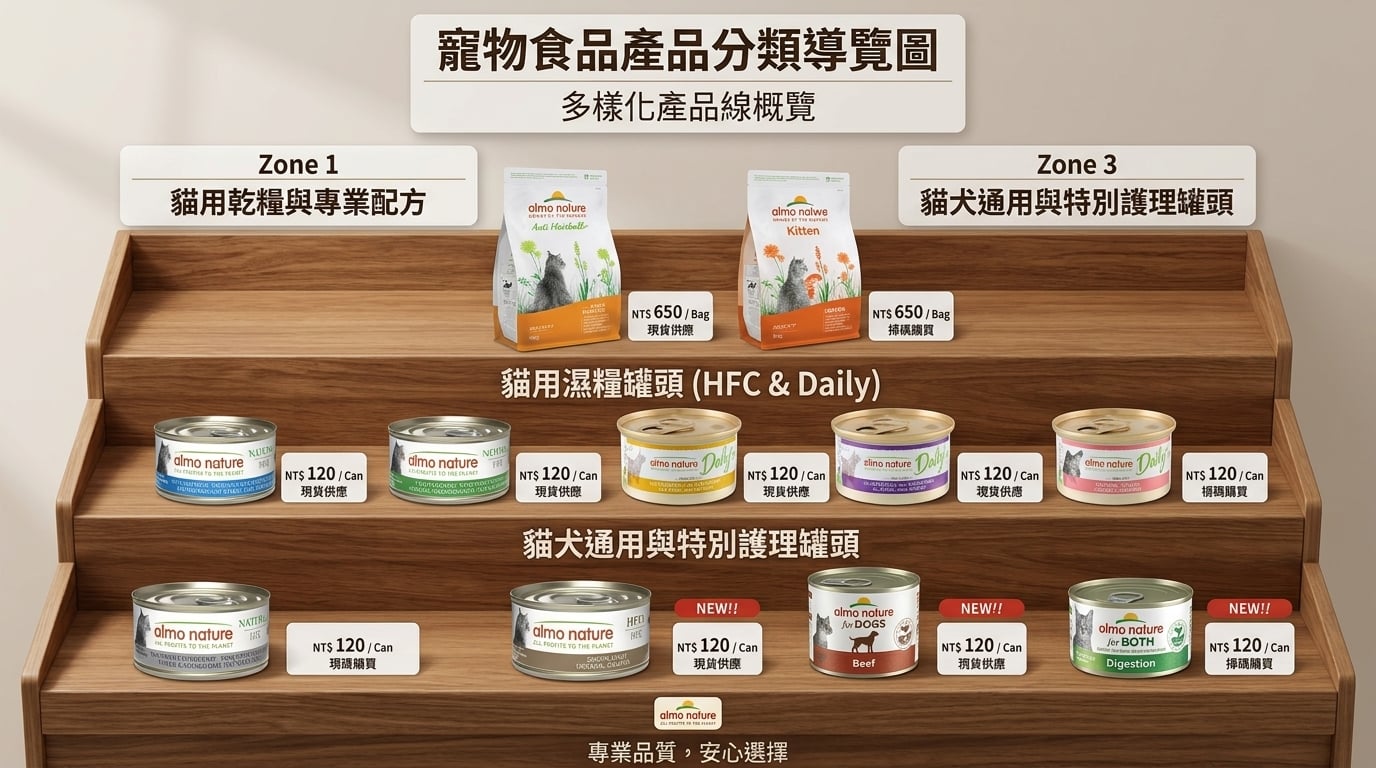 Almo Nature 全系列寵物食品分類導覽，多元貓狗乾濕糧產品選購攻略。