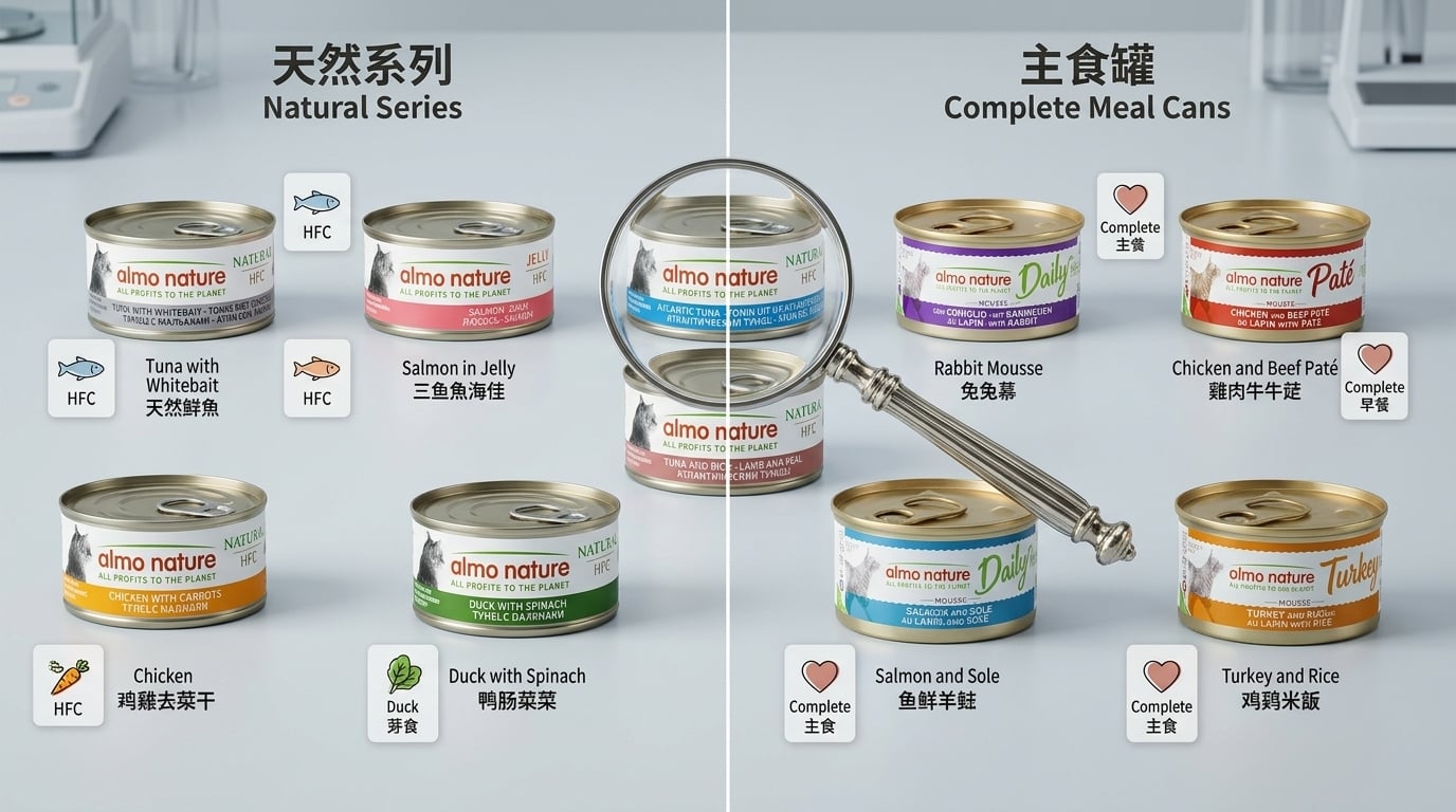 Almo Nature 寵物食品選購攻略對比圖，幫助消費者快速了解產品差異與選擇。