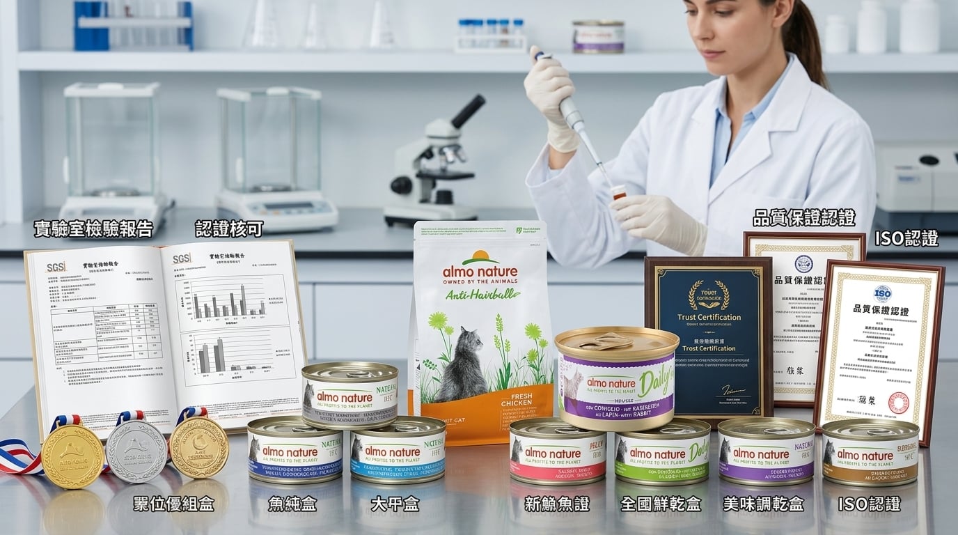 Almo Nature 品牌信任認證展示圖，強調高品質保證與國際專業認證標準。