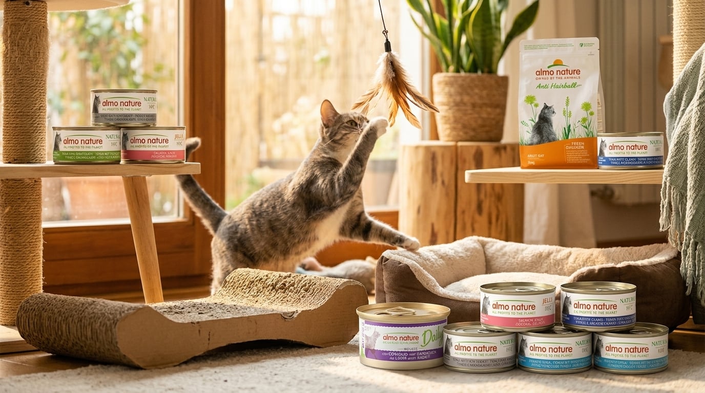 Almo Nature 寵物食品餵食示範，展示產品開罐與實際拌食的使用方法。