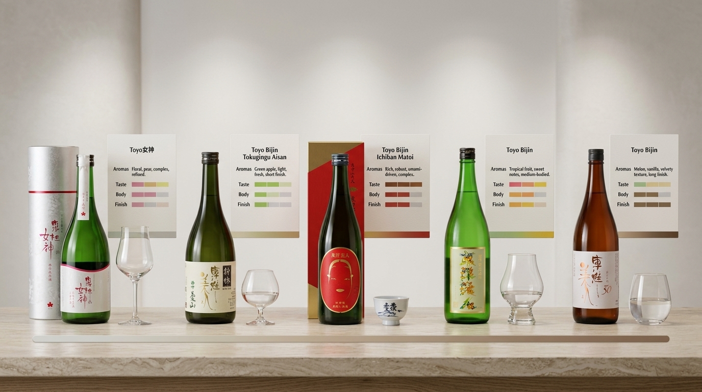 東洋美人清酒系列品鑑對照圖，展示多款酒款風味特色差異與專業選購攻略。