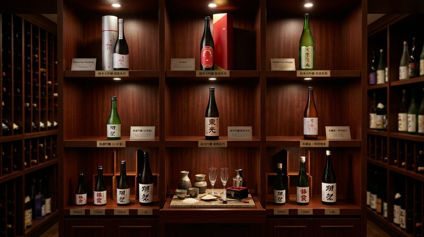 東洋美人清酒系列分類陳列圖，清晰展示各酒款系列，提供消費者直觀的選購指南。