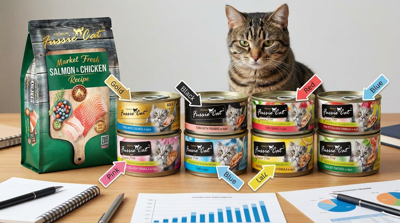 Fussie Cat 高竇貓 產品比較對照圖,助您快速挑選最適合愛貓的貓糧配方。