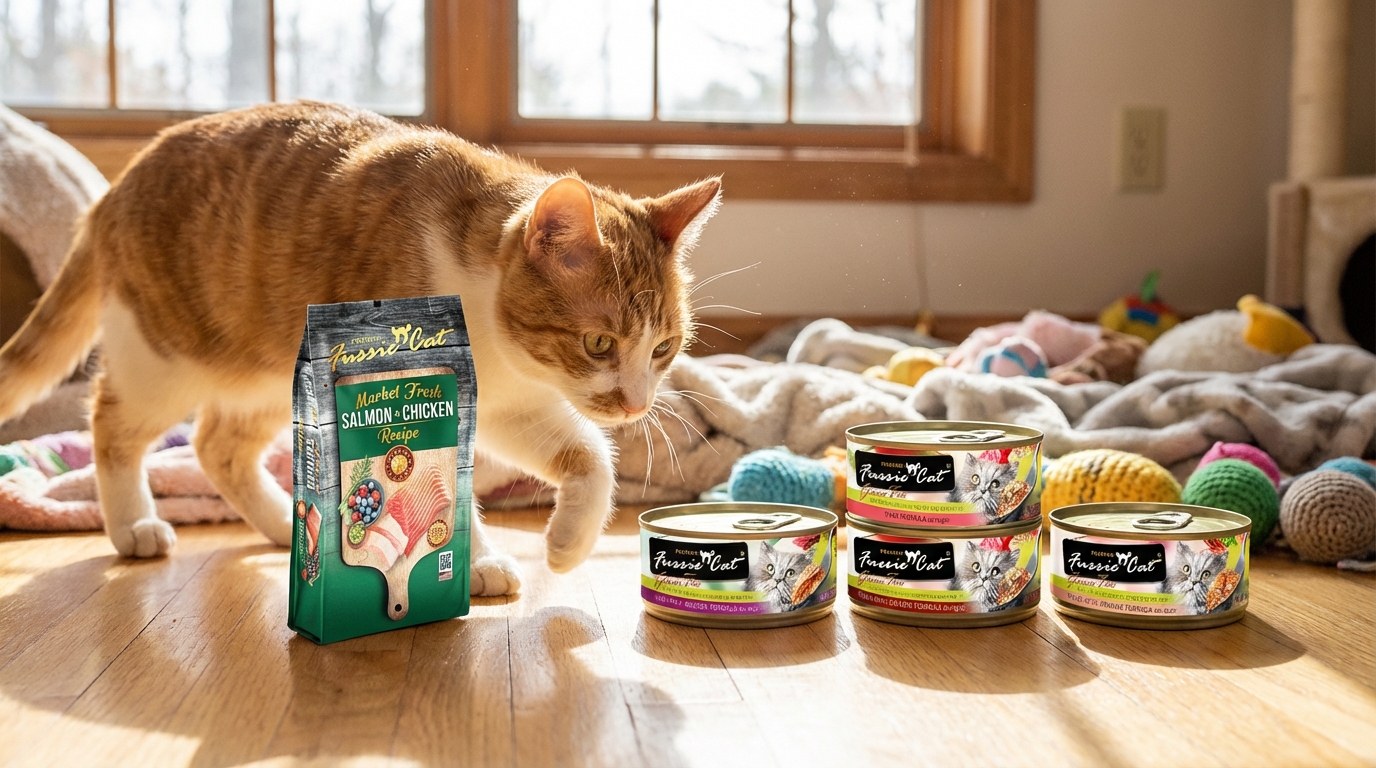 Fussie Cat 高竇貓 貓罐頭 餵食示範,展示產品於日常生活中的實際應用場景。