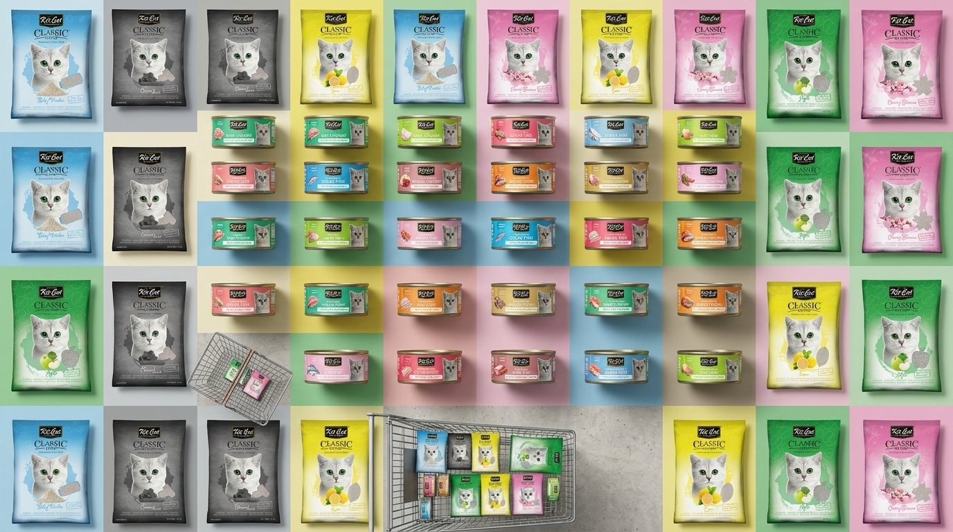 Kit Cat 品牌全系列產品分類導覽，展示多元貓咪主食、零食與貓砂用品選購指南。