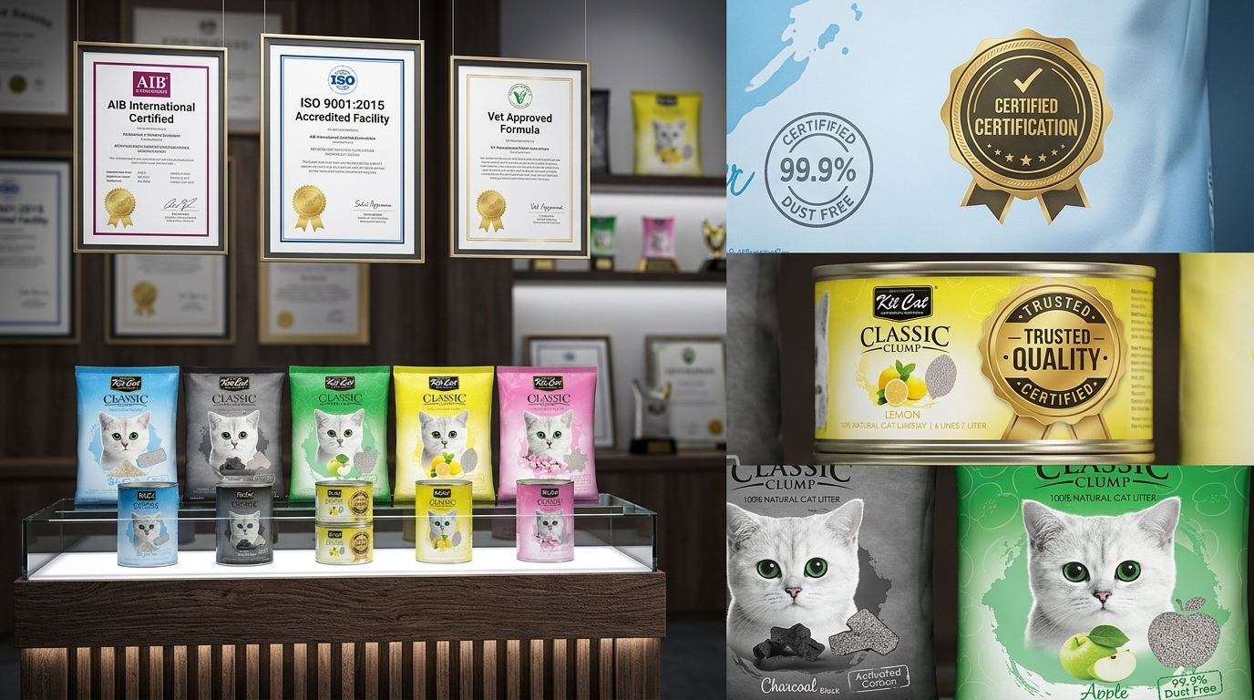 Kit Cat 品質保證與專業認證展示，提供安心信賴的寵物食品安全承諾與選購指標。