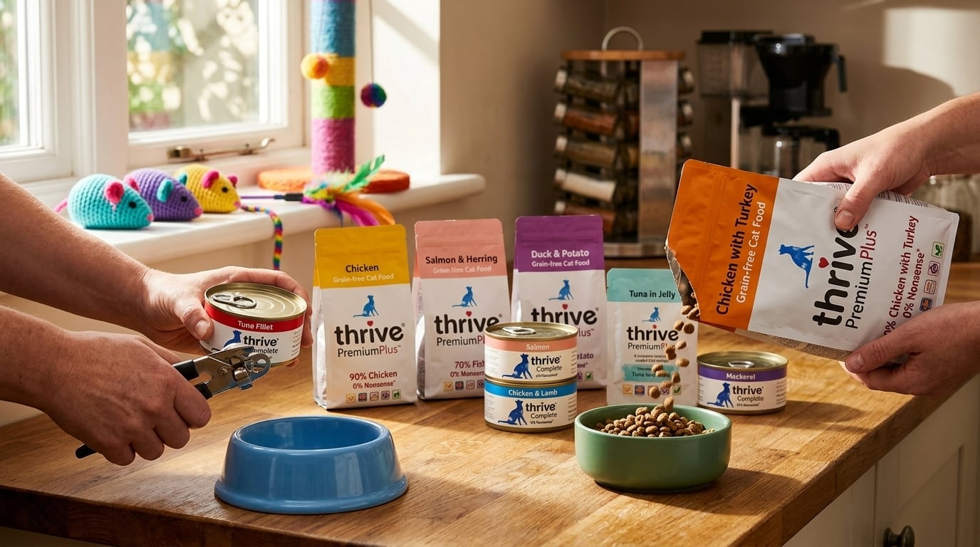 Thrive 脆樂芙寵物主食罐餵食示範，展示產品使用方法，為毛孩提供均衡營養。