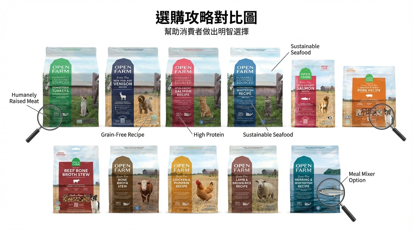 Open Farm 寵物食品選購攻略對比圖,助您快速比較產品特色並做出明智的購買選擇。