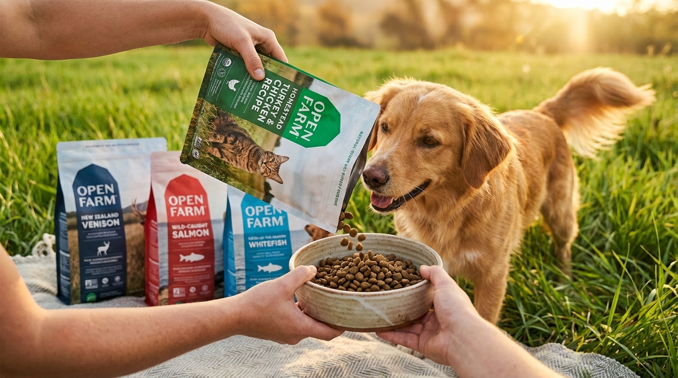 Open Farm 寵物食品使用方式,動態呈現產品餵食場景與營養特色。