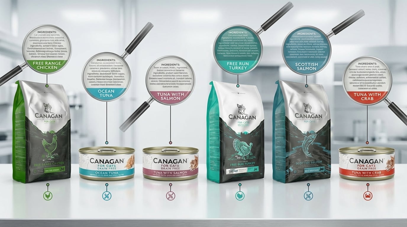 CANAGAN 原之選 寵物食品選購攻略對比圖，提供各系列差異分析與挑選建議。