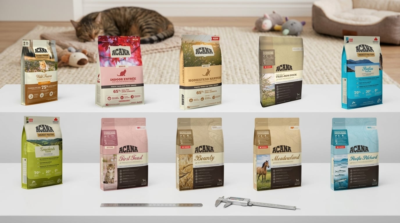 ACANA 寵物飼料系列產品比較表，提供詳細營養成分對照與選購指南。